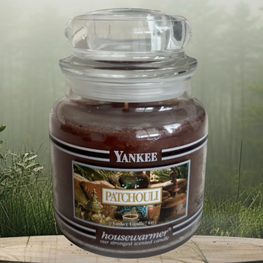 Yankee Candle Jar Patchouli Vintage Black Band Earthy Brown Gray Green 14.5 Oz